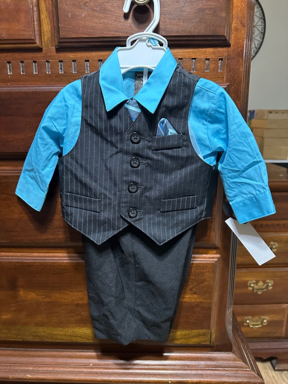 Dockers Boys' Teal Dress Shirt with Black Pinstripe Vest & Pants